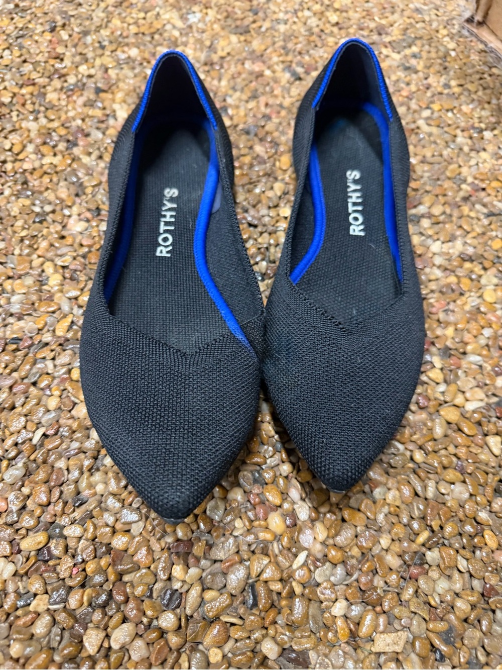 Rothy's Black Pointed Knit Flats with Blue Trim
